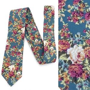 NWT Barry Beaux Floral Cotton Necktie Wedding Grooms Tie Slate Blue Roses Print